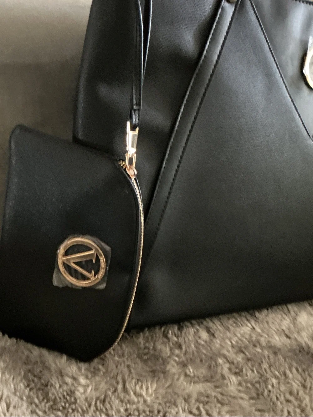 Joan Vass Black Tote with Gold Logo and Wristlet